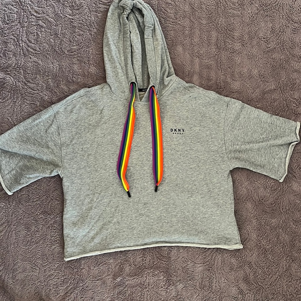 DKNY Sport short sleeve hoodie with rainbow strings - size Medium